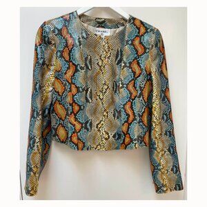 Chanel GENUINE beige with blue orange yellow PYTHON jacket rtl $30K SZ 40 US 8